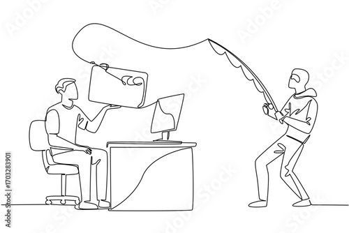 Single one line drawing man typing on laptop and thief fishing for large credit card. Indifference to data security. National Senior Fraud Awareness Day. Continuous line design graphic illustration