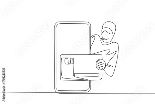 Single one line drawing thief appears from behind smartphone and takes out credit card from inside screen. Cyber crime. National Senior Fraud Awareness Day. Continuous line design graphic illustration