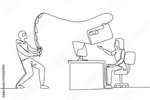 Single continuous line drawing woman typing on laptop and thief fishing for large credit card. Committing a crime. Hacker. National Senior Fraud Awareness Day. One line design vector illustration