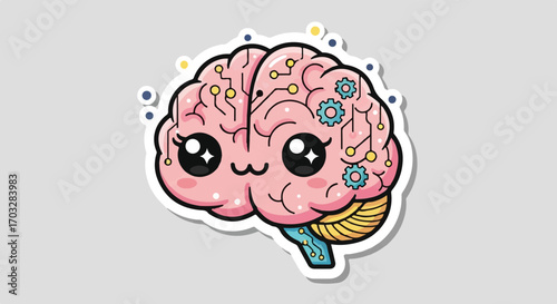 Cute Cartoon Brain with Gears and Circuits, Illustrating Intelligence and Artificial Intelligence Concepts