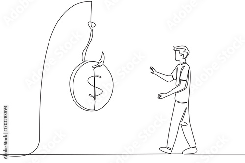 Single continuous line drawing a man chasing hook with coins attached to it. Fooled by fake investment lures. Too greedy. Loss. National Senior Fraud Awareness Day. One line design vector illustration