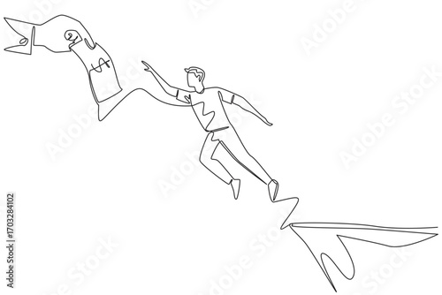 Continuous one line drawing man jumps off a cliff trying to reach a big hand holding dollar bill. Losing investment. National Senior Fraud Awareness Day. Single line draw design vector illustration