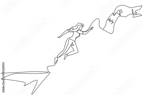 Continuous one line drawing a woman jumps off a cliff trying to reach a big hand holding a dollar bill. Economic trap. National Senior Fraud Awareness Day. Single line draw design vector illustration