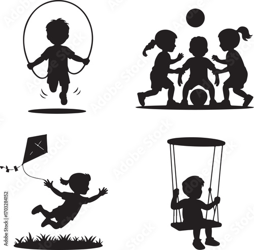 Silhouette icons of children playing jump rope soccer kite and swing Keywords: silhouette, children