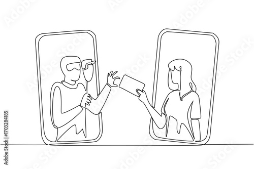 Single continuous line drawing woman is out of her smartphone handing her credit card to thief. Crime and fraud in cyberspace. National Senior Fraud Awareness Day. One line design vector illustration