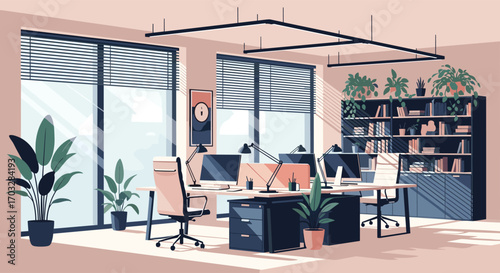Modern pixel art office interior with natural light and green plants offering productive workspace