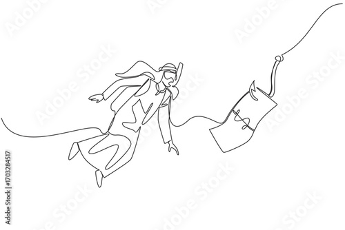Continuous one line drawing arab man diving and chasing hook with dollar bills attached. Interested in an instant way. National Senior Fraud Awareness Day. Single line draw design vector illustration