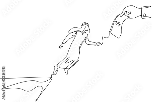 Single continuous line drawing an arab man jumps to reach the big hand holding the dollar bill. Investment trap. Illegal. National Senior Fraud Awareness Day. One line design vector illustration