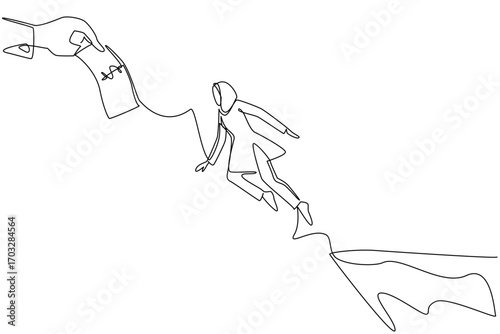 Continuous one line drawing an arab woman jumps to reach the big hand holding the dollar bill. Greed. Not profitable. National Senior Fraud Awareness Day. Single line draw design vector illustration