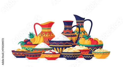 Vibrant collection of hand-painted ceramic pottery filled with delicious foods and fruits for a festive celebration