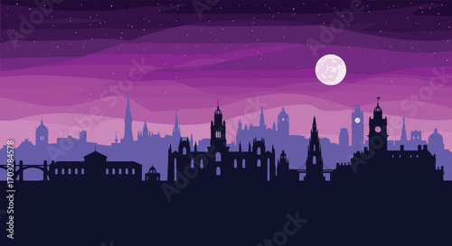 Pixel art cityscape at dusk under a starry purple sky with a full moon overlooking iconic architecture