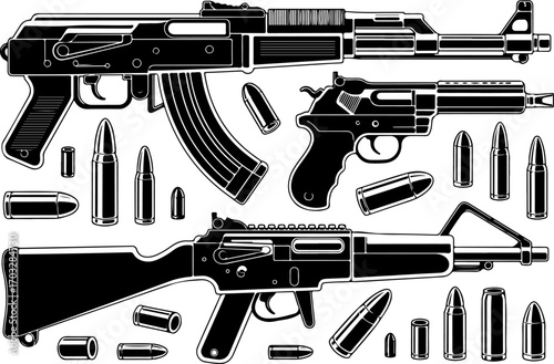Black and White Gun and Ammunition Illustration Set