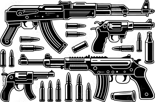 Black and White Gun and Ammunition Illustration Set