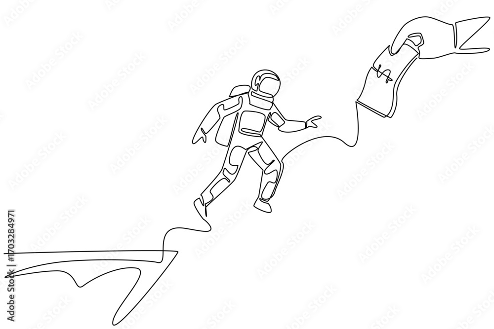 Fototapeta premium Single continuous line drawing astronaut jumps off cliff trying to reach a big hand holding a dollar bill. An attractive lure. National Senior Fraud Awareness Day. One line design vector illustration