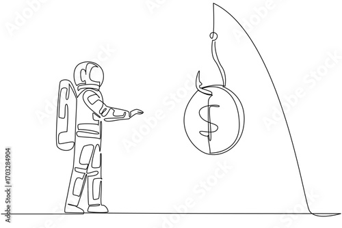 Single continuous line drawing astronaut chasing a hook with a dollar coin attached. Interested in instant profits. Deception. National Senior Fraud Awareness Day. One line design vector illustration