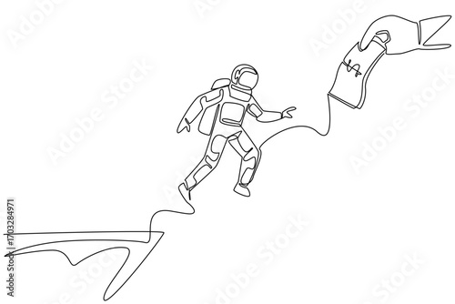 Single continuous line drawing astronaut jumps off cliff trying to reach a big hand holding a dollar bill. An attractive lure. National Senior Fraud Awareness Day. One line design vector illustration