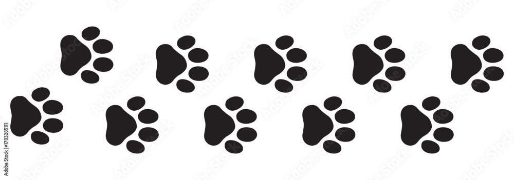 Fototapeta premium Seamless vector pattern of diverse animal paw prints, including dog, cat, and bear footprints, in a black silhouette design