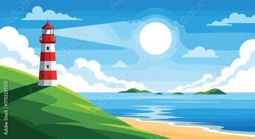 Pixelated lighthouse guiding ships through vast ocean under bright sunny sky with fluffy clouds and sandy beach coastline