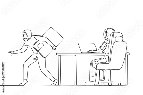 Single one line drawing astronaut type on laptops and masked thieves take large credit cards. Suffer a huge loss. National Senior Fraud Awareness Day. Continuous line design graphic illustration
