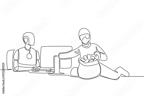 Single one line drawing robot typing and thief putting money into money bag. Intelligence system successfully hacked. National Senior Fraud Awareness Day. Continuous line design graphic illustration