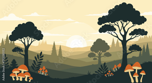 Enchanting pixel forest landscape with majestic trees and fungi at sunrise