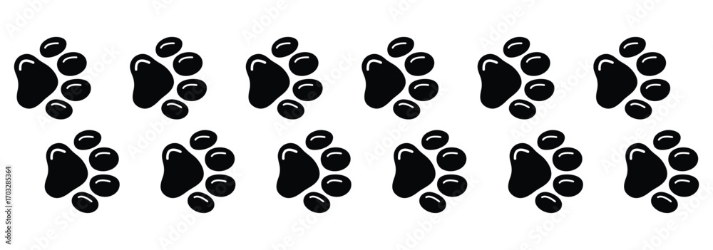 Fototapeta premium Animal paw print icons with dog cat bear tracks in black silhouette vector art