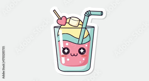 Pink kawaii drink with eyes and marshmallows