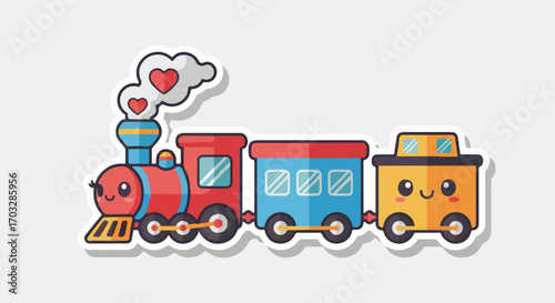 A charming kawaii train sticker featuring a smiling locomotive puffing heart-shaped smoke, with colorful, happy wagons. Whimsical vector transportation illustration for children