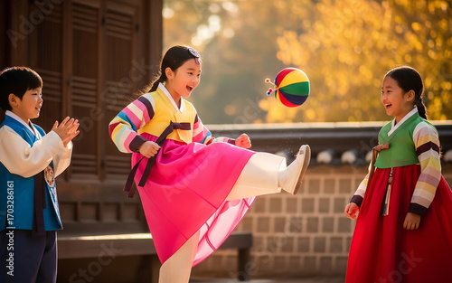 한복 입고 공놀이하는 어린이 / Child Playing Ball in Hanbok