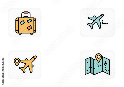 Minimal travel icons, suitcase, airplane, map, isolated vector.