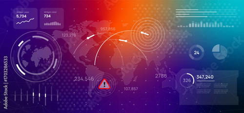 Nuclear war rocket launch dashboard displaying a world map with military-style missile trajectories and a central warning sign illustration global conflict military threats or defense systems