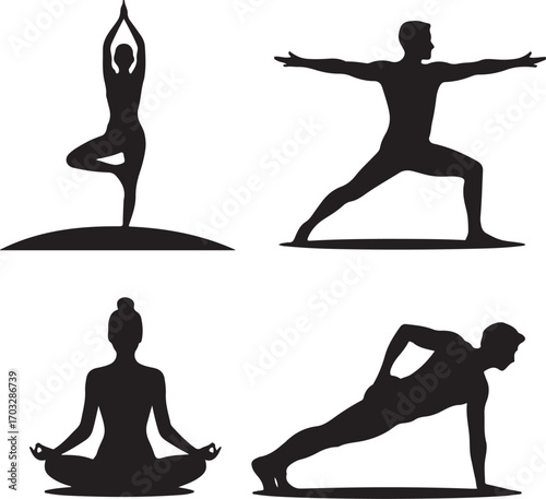 Four black silhouettes of individuals performing different yoga poses Keywords: yoga, silhouette