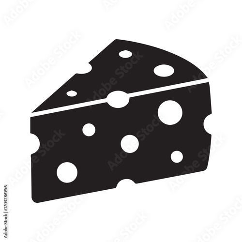 Swiss cheese wedge icon. Black food silhouette with holes. Dairy product vector illustration.
