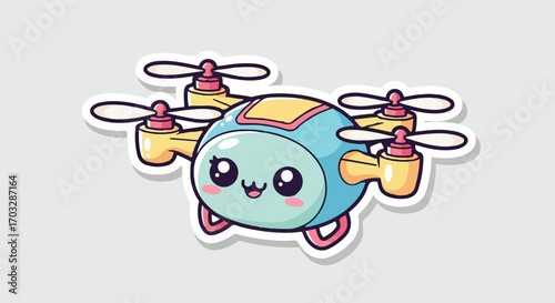 Adorable Cartoon Drone Sticker Whimsical Aerial Vehicle with a Happy Face, perfect for tech enthusiasts!