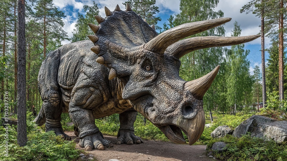 Fototapeta premium Triceratops, a giant dinosaur from the Jurassic period, walking through the forest on a sunny summer day. A wild lizard grazes in a children's dino park.