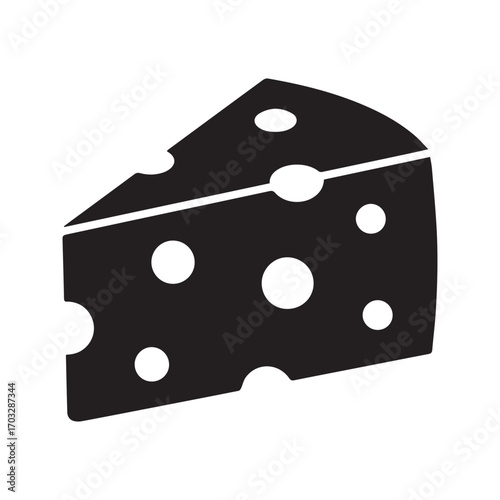 Swiss cheese wedge icon. Black food silhouette with holes. Dairy product vector illustration.
