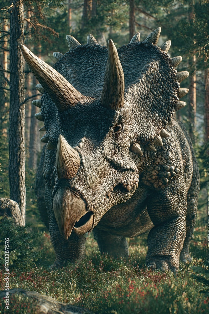Fototapeta premium Triceratops, a giant dinosaur from the Jurassic period, walking through the forest on a sunny summer day. A wild lizard grazes in a children's dino park.