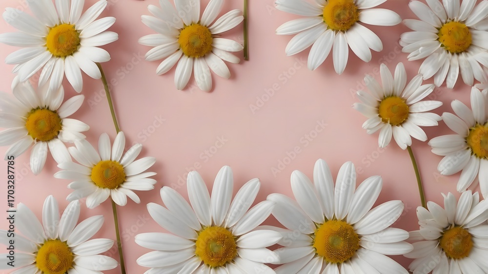 Obraz premium White daisy chamomile flowers on pale pink background. Creative lifestyle, summer, spring concept. Copy space, flat lay, top view