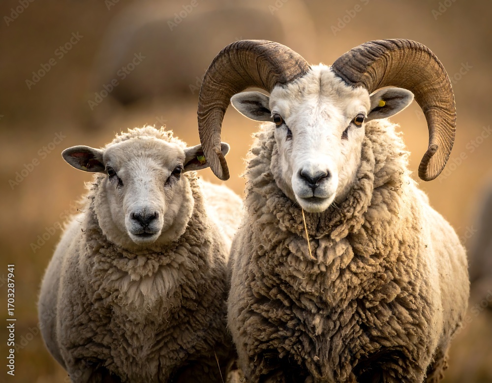 Fototapeta premium Two sheep, close-up, in field