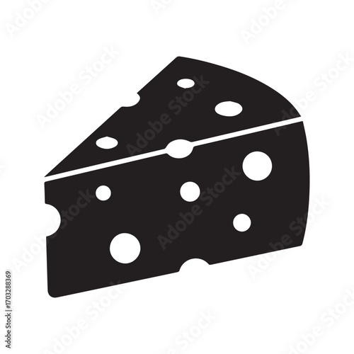 Swiss cheese wedge icon. Black food silhouette with holes. Dairy product vector illustration.
