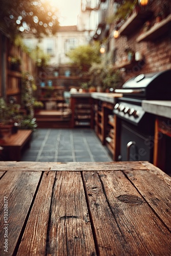 backyard with grill, barbecue, wooden table, blurred background