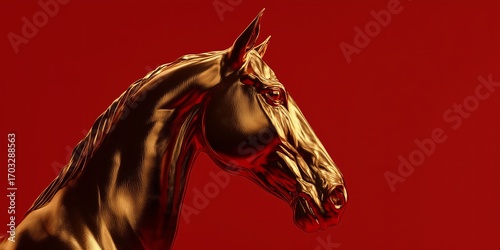Golden horse profile on vivid red background. Minimal New Year portrait symbolizes power and Chinese zodiac spirit.