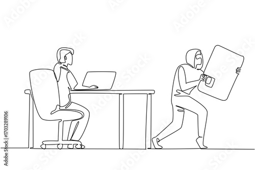 Single continuous line drawing woman typing on laptop and thief taking large credit card. Thieves act when target is off guard. National Senior Fraud Awareness Day. One line design vector illustration