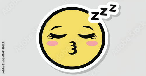 A cute sleepy face emoticon with long eyelashes in a cartoon sticker style. Vector illustration of a drowsy yellow character with a zzz symbol for sleep