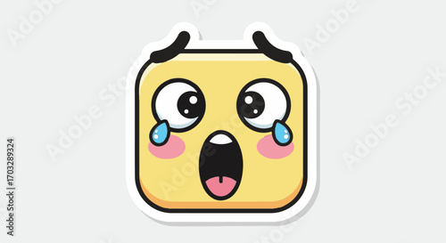 Vector graphic illustration of a frightened yellow square emoji sticker crying with tears, expressing shock, sadness, and fear on a white background