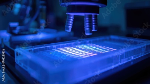 Close-up of a microscope examining a vibrant, illuminated sample on a lab bench
