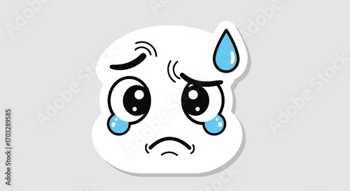 Cute cartoon sticker of a worried and crying face sweating with distress, isolated vector illustration of a sad emoji