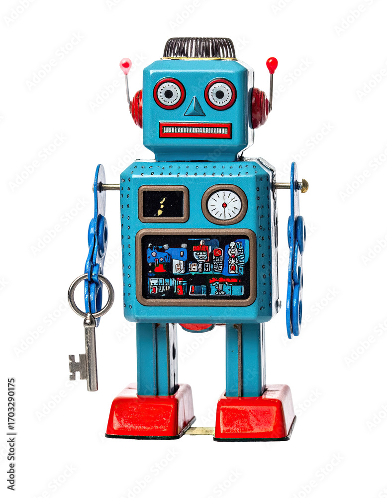 Fototapeta premium Retro turquoise robot toy, standing pose. Detailed tin-plated figure with large eyes, antennae, and red accents. Key in hand. Vintage design
