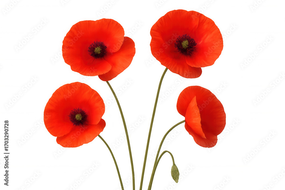 Fototapeta premium Vibrant red poppies blossoming on slender green stems, delicate petals unfurling against pristine white backdrop