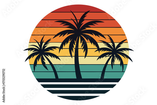 Dark palm silhouettes stand boldly against a retro sunset backdrop within a circular frame